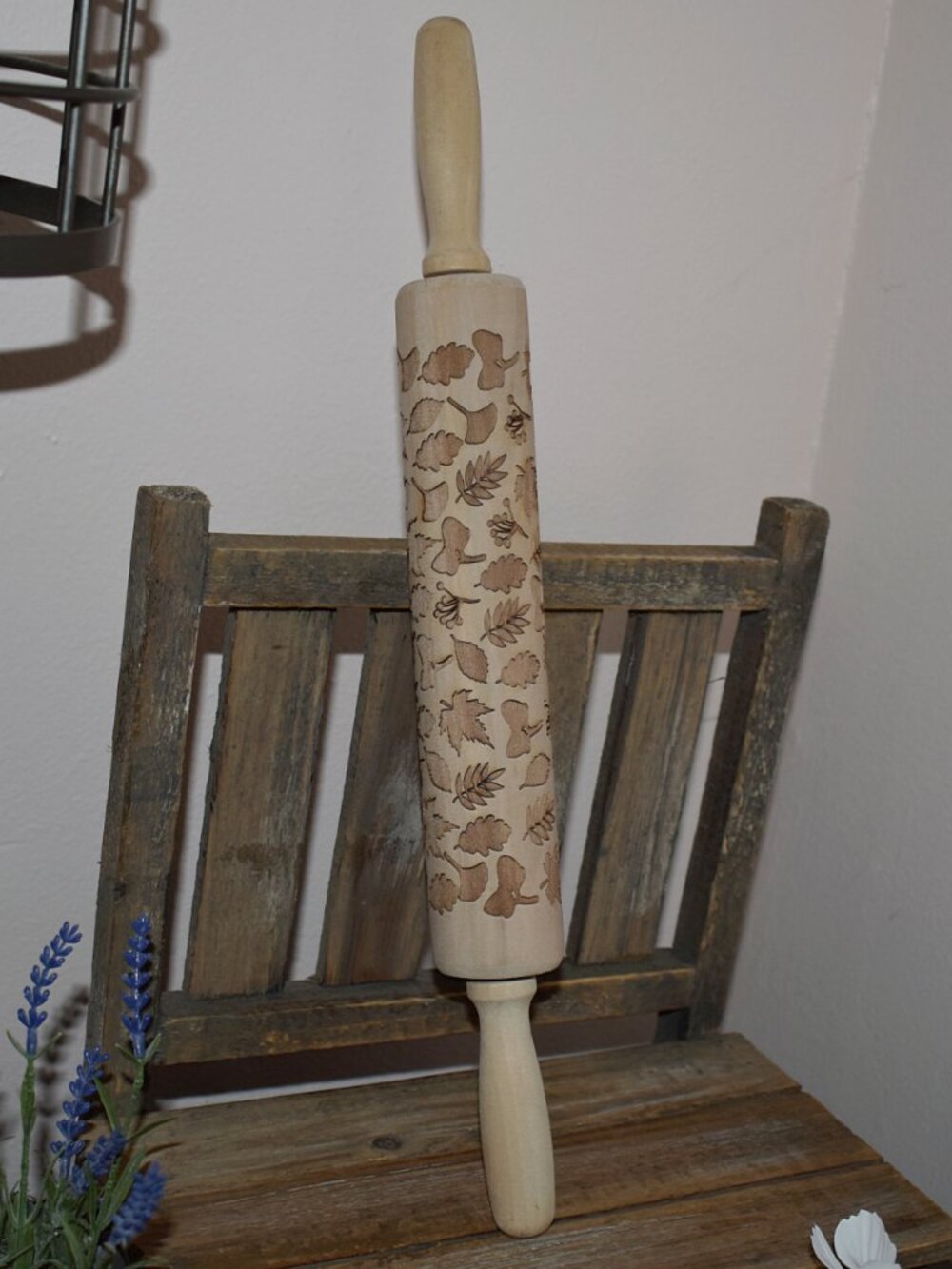 Embossed Fall Leaves Wood Rolling Pin - Country Cottagecore Farmhouse Kitchen